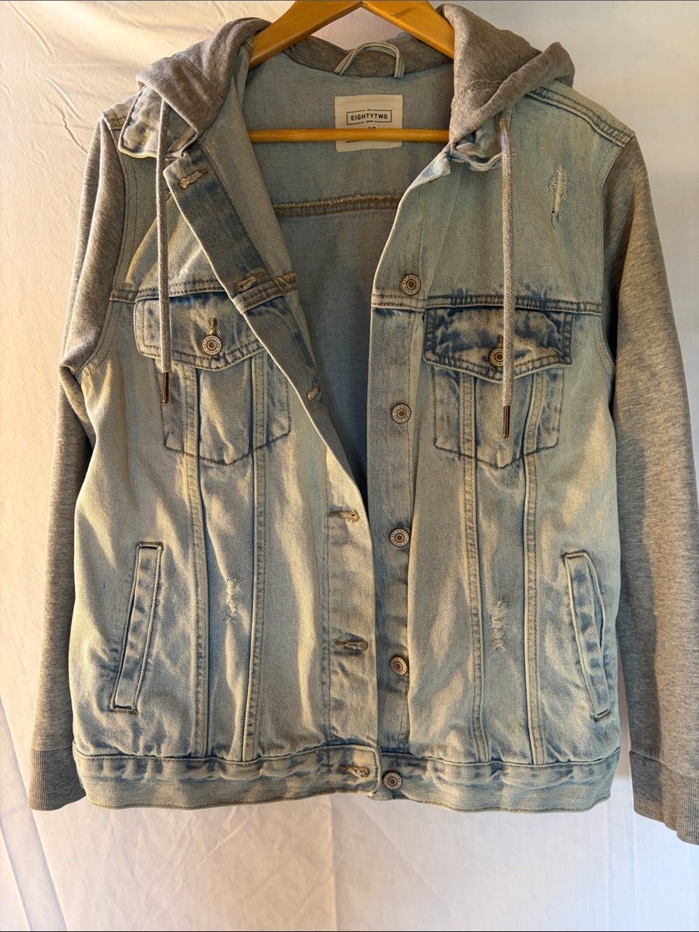 Light Blue Denim Jacket with Gray Hooded Sleeves by